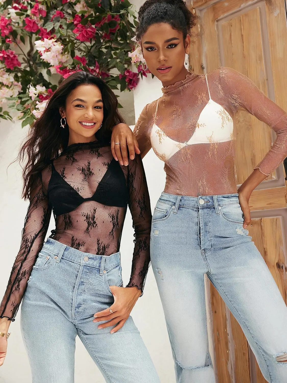 MEROKEETY Womens 2025 Mesh Sheer Long Sleeve Layering Top Sexy Y2k Mock Neck Floral Lace See Through Shirt Blouses