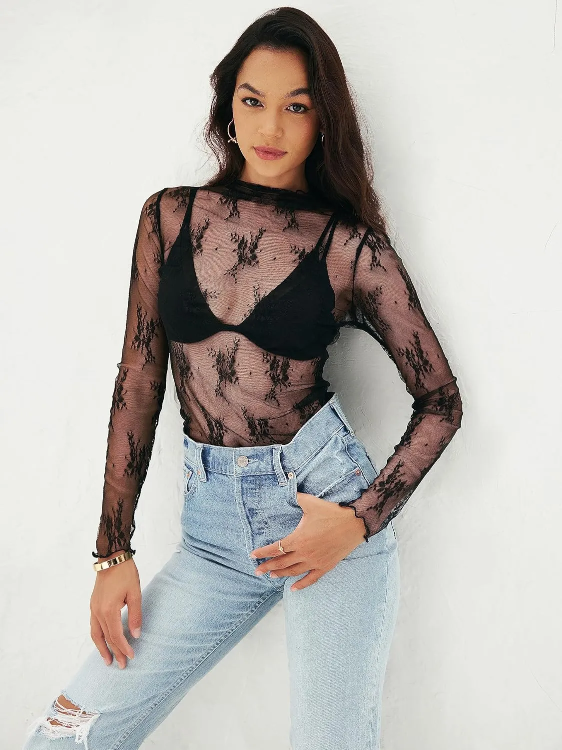 MEROKEETY Womens 2025 Mesh Sheer Long Sleeve Layering Top Sexy Y2k Mock Neck Floral Lace See Through Shirt Blouses