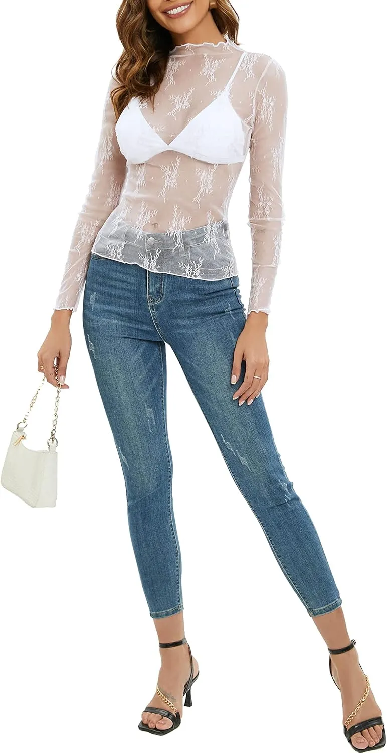 MEROKEETY Womens 2025 Mesh Sheer Long Sleeve Layering Top Sexy Y2k Mock Neck Floral Lace See Through Shirt Blouses