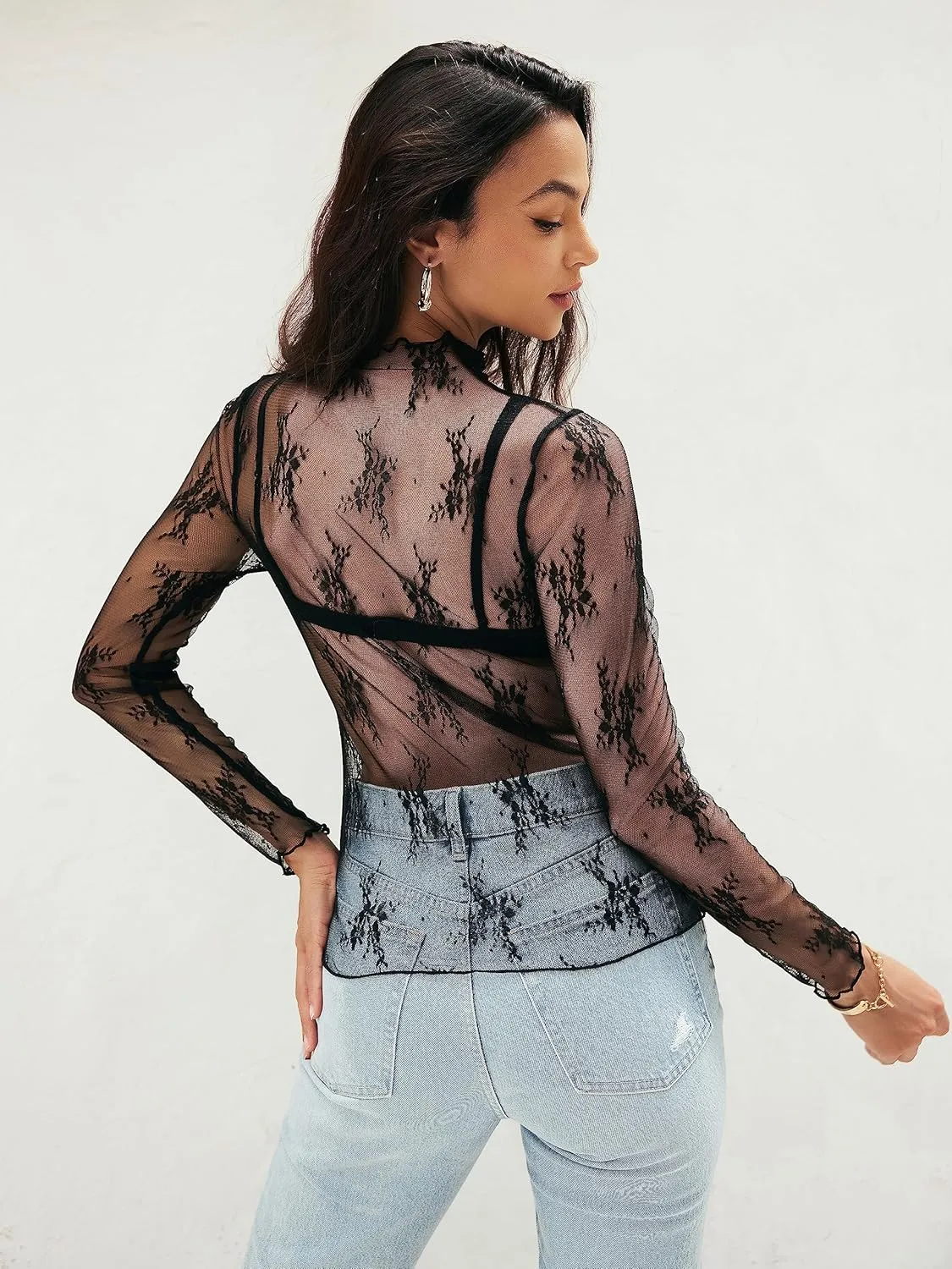 MEROKEETY Womens 2025 Mesh Sheer Long Sleeve Layering Top Sexy Y2k Mock Neck Floral Lace See Through Shirt Blouses