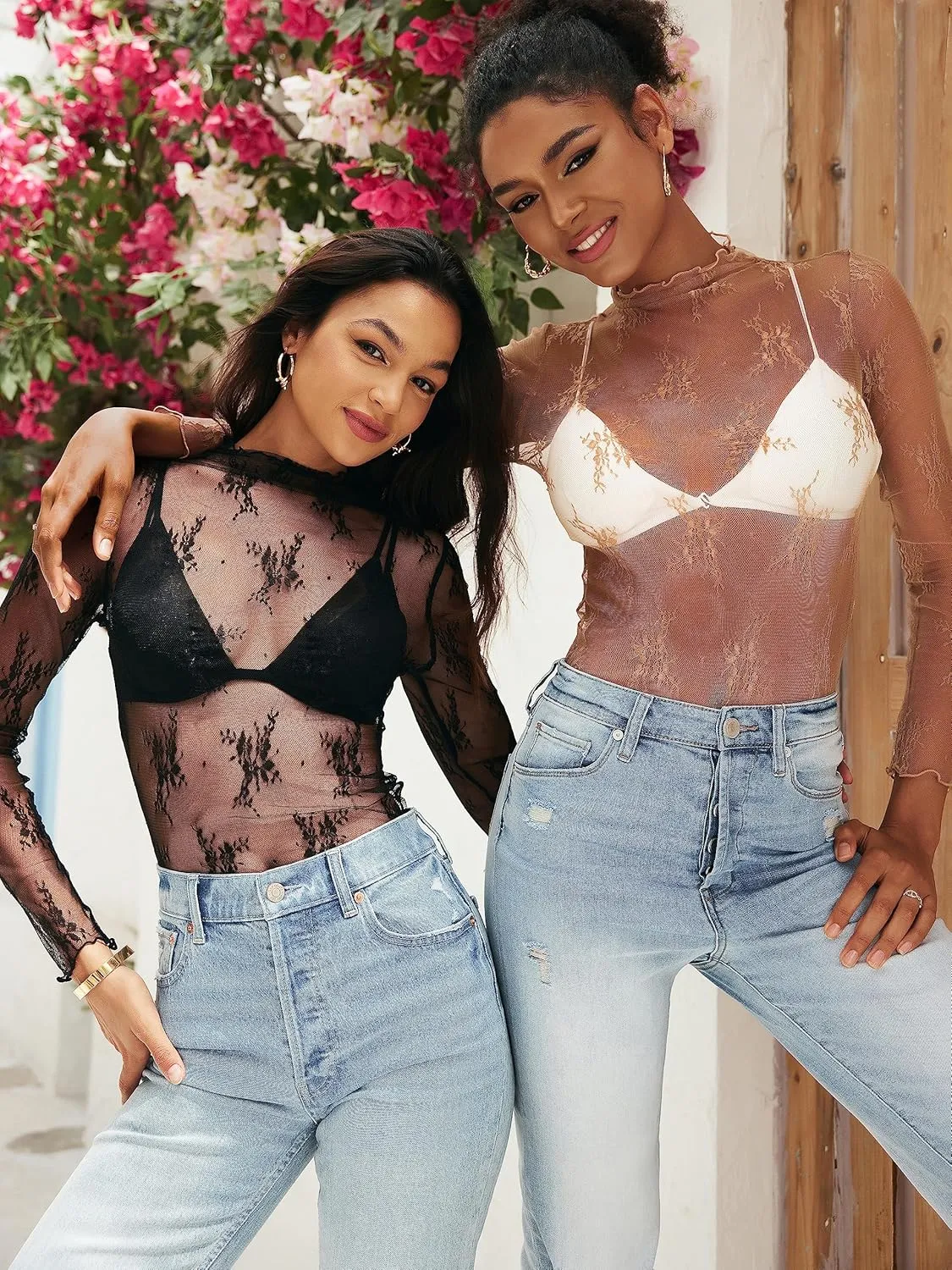 MEROKEETY Womens 2025 Mesh Sheer Long Sleeve Layering Top Sexy Y2k Mock Neck Floral Lace See Through Shirt Blouses