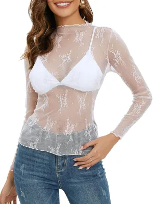 MEROKEETY Womens 2025 Mesh Sheer Long Sleeve Layering Top Sexy Y2k Mock Neck Floral Lace See Through Shirt Blouses