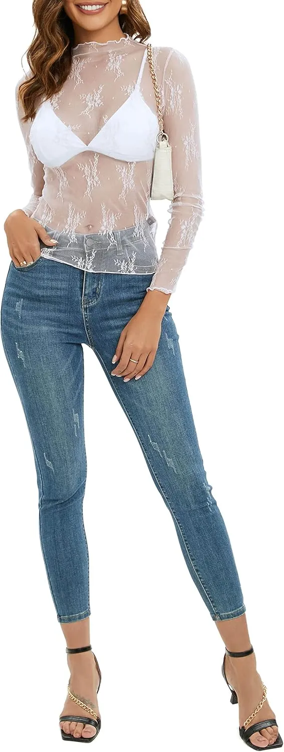 MEROKEETY Womens 2025 Mesh Sheer Long Sleeve Layering Top Sexy Y2k Mock Neck Floral Lace See Through Shirt Blouses