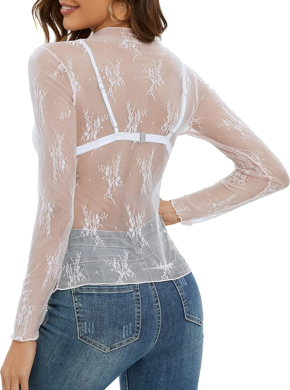 MEROKEETY Womens 2025 Mesh Sheer Long Sleeve Layering Top Sexy Y2k Mock Neck Floral Lace See Through Shirt Blouses