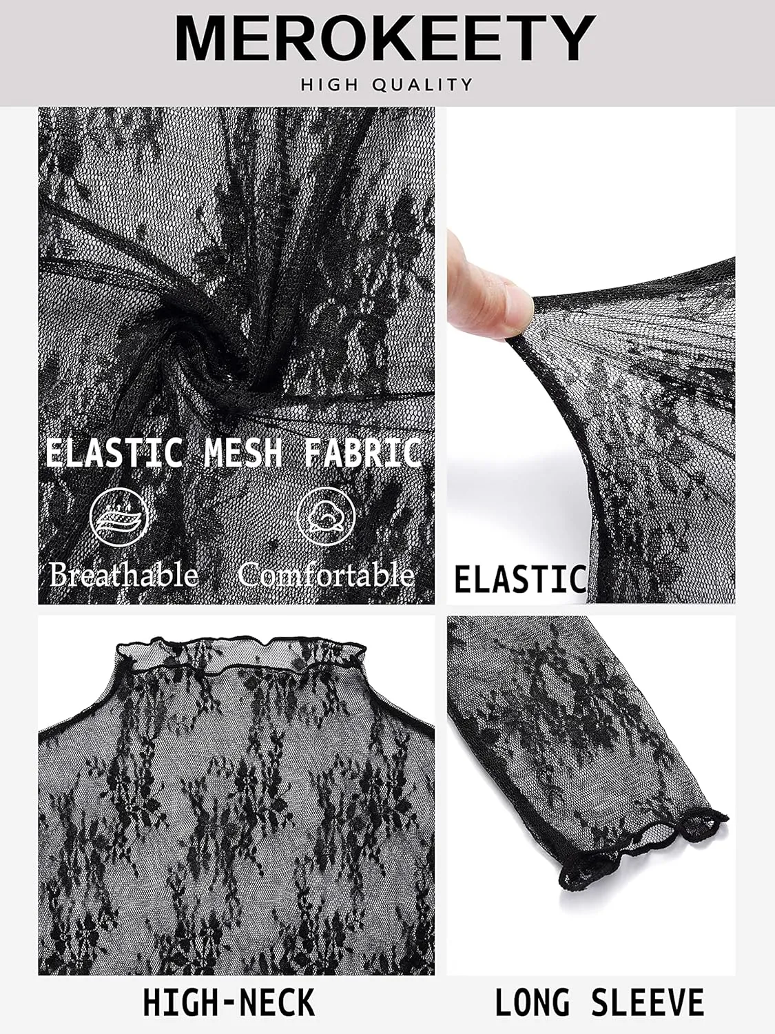 MEROKEETY Womens 2025 Mesh Sheer Long Sleeve Layering Top Sexy Y2k Mock Neck Floral Lace See Through Shirt Blouses