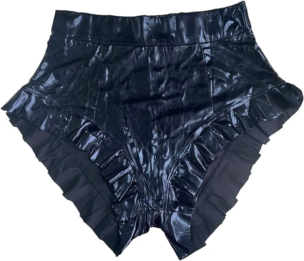 MESLIMA Women's Fashion Metallic Pants Shiny Pants Yoga Sparkly Elastic Waist Rave Ruffle Shorts