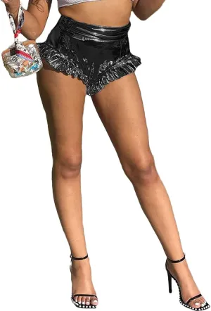 MESLIMA Women's Fashion Metallic Pants Shiny Pants Yoga Sparkly Elastic Waist Rave Ruffle Shorts