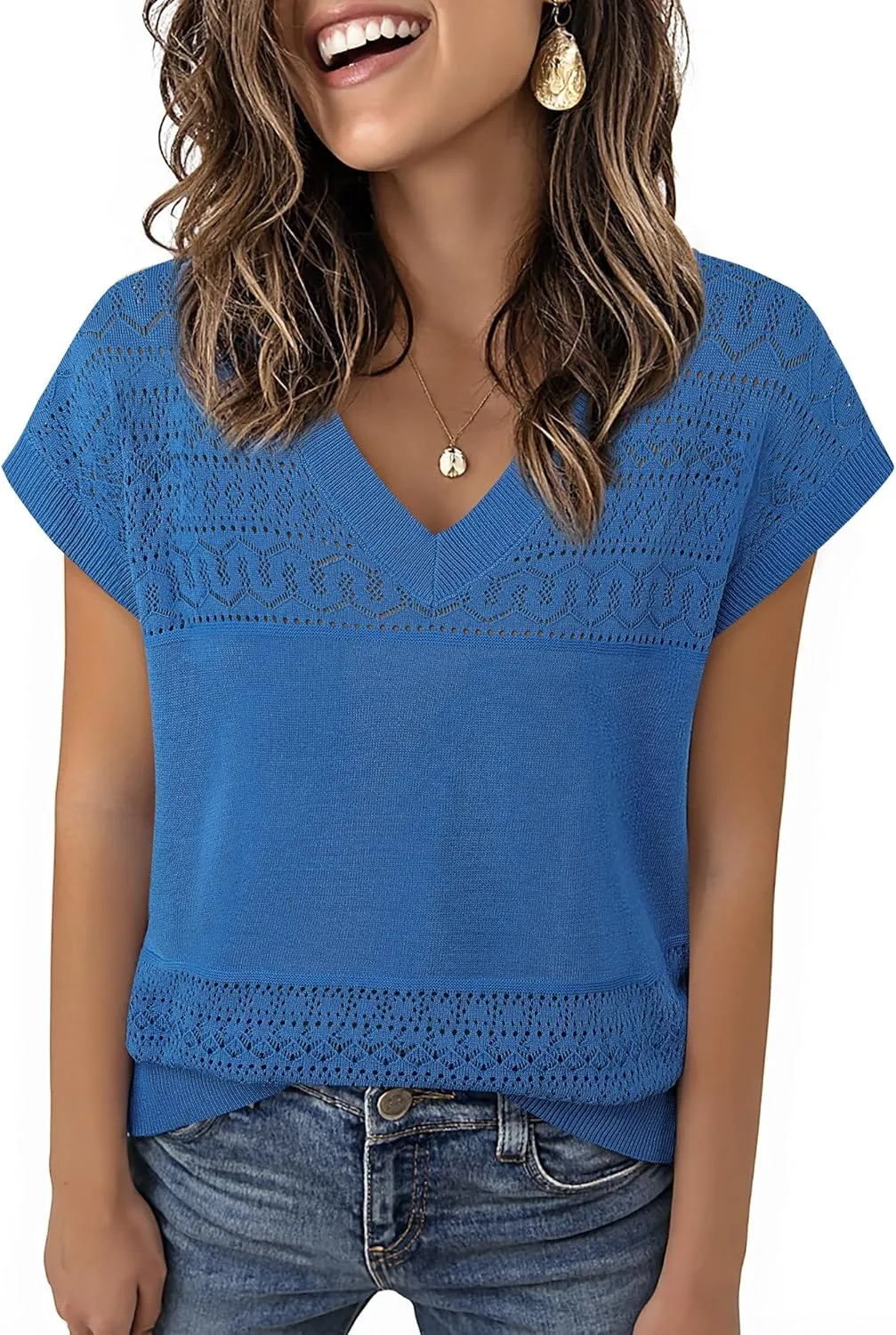 Messic Womens V Neck Sweater Vest Cap Sleeve Casual Lightweight Knit Pullover Tops
