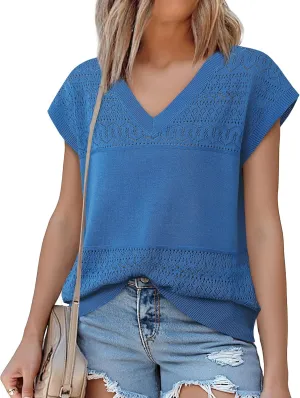 Messic Womens V Neck Sweater Vest Cap Sleeve Casual Lightweight Knit Pullover Tops