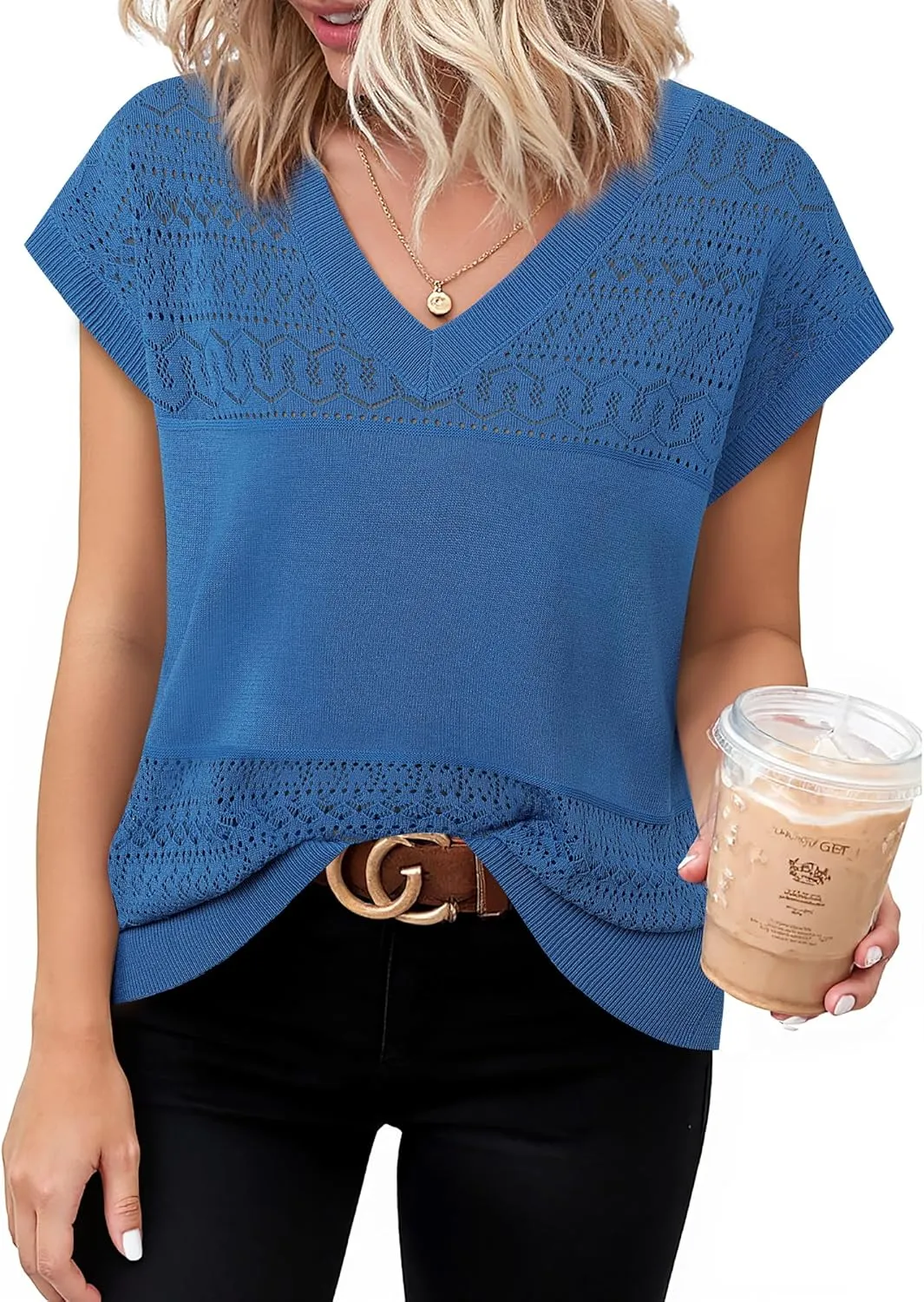 Messic Womens V Neck Sweater Vest Cap Sleeve Casual Lightweight Knit Pullover Tops