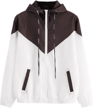 Milumia Women Color Block Drawstring Hooded Zip Up Sports Jacket Windproof Windbreaker with Pocket
