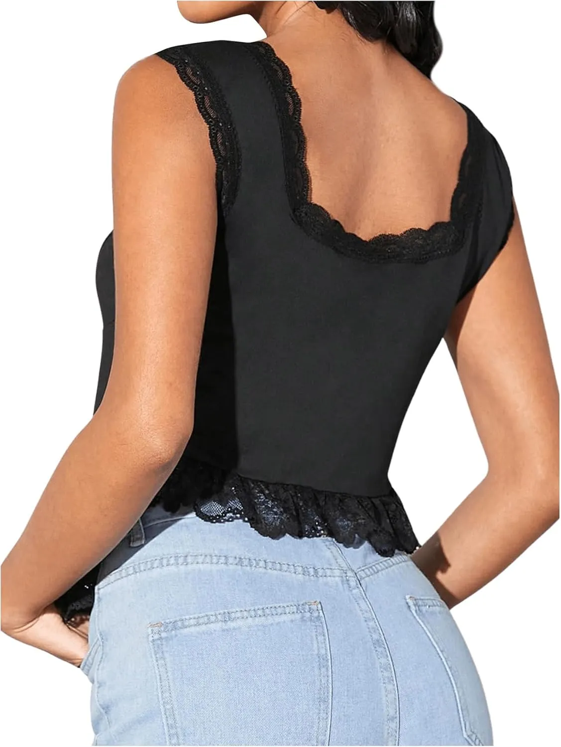 Milumia Women's Lace Trim Open Tie Front Tops Y2k Sleeveless Deep V Neck Going Out Tops
