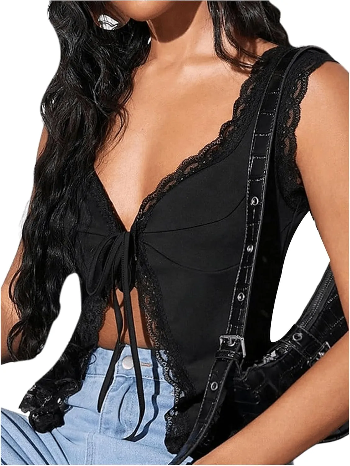 Milumia Women's Lace Trim Open Tie Front Tops Y2k Sleeveless Deep V Neck Going Out Tops