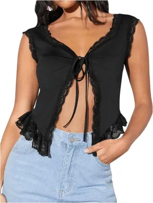 Milumia Women's Lace Trim Open Tie Front Tops Y2k Sleeveless Deep V Neck Going Out Tops