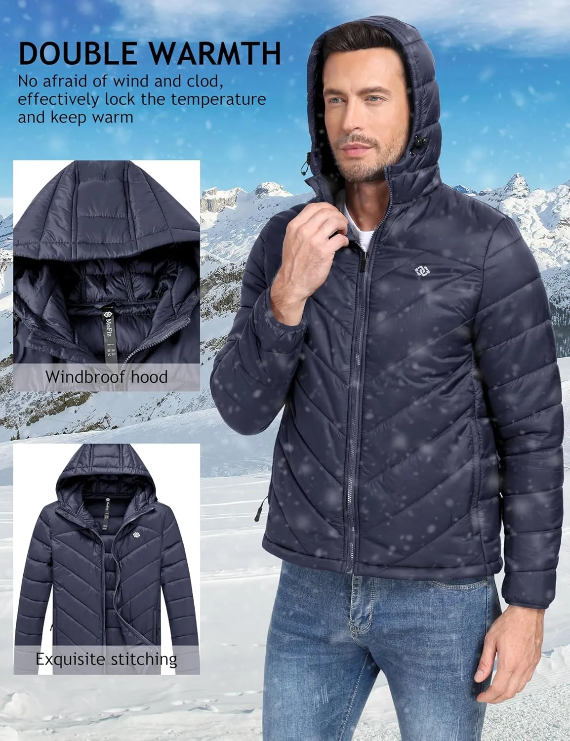 MoFiz Men's Lightweight Puffer Jacket Hooded Insulated Winter Puffy Coat Full Zip Water Resistant Windproof Hiking Jacket