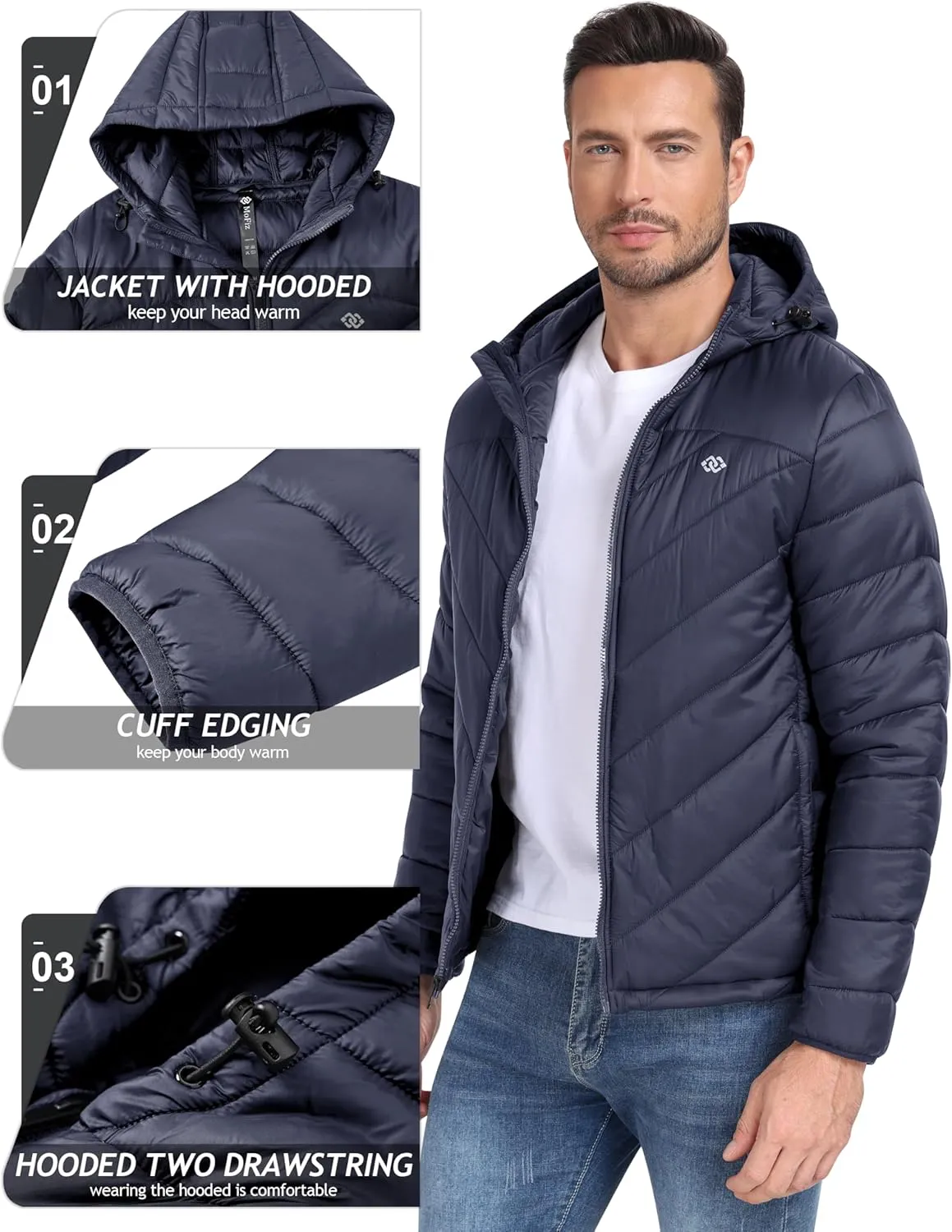 MoFiz Men's Lightweight Puffer Jacket Hooded Insulated Winter Puffy Coat Full Zip Water Resistant Windproof Hiking Jacket