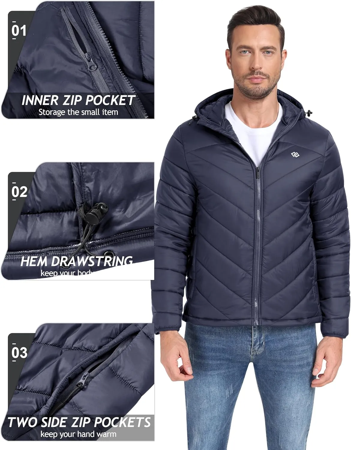 MoFiz Men's Lightweight Puffer Jacket Hooded Insulated Winter Puffy Coat Full Zip Water Resistant Windproof Hiking Jacket