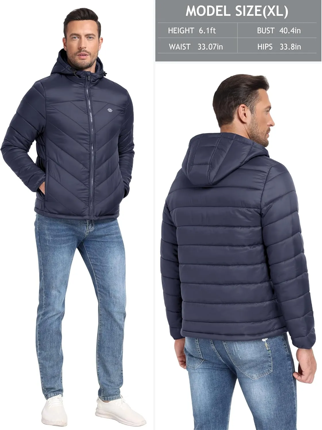 MoFiz Men's Lightweight Puffer Jacket Hooded Insulated Winter Puffy Coat Full Zip Water Resistant Windproof Hiking Jacket