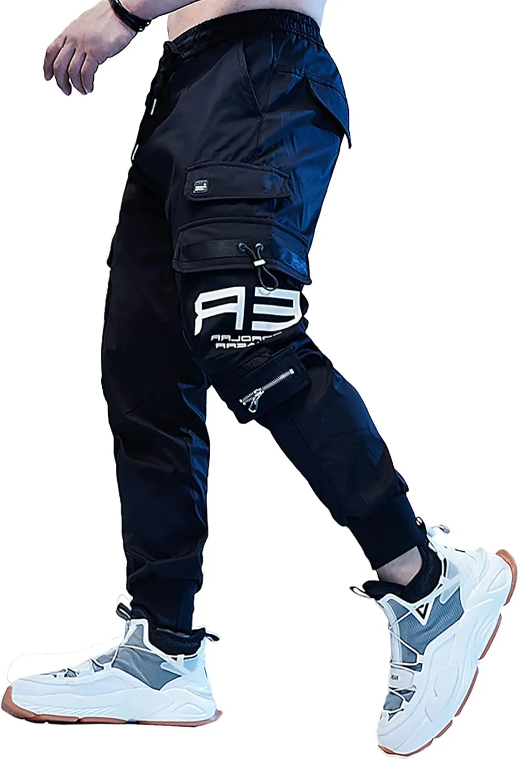 MOKEWEN Men's Cargo Pocket Ankle Band Pants with Elastic Waist