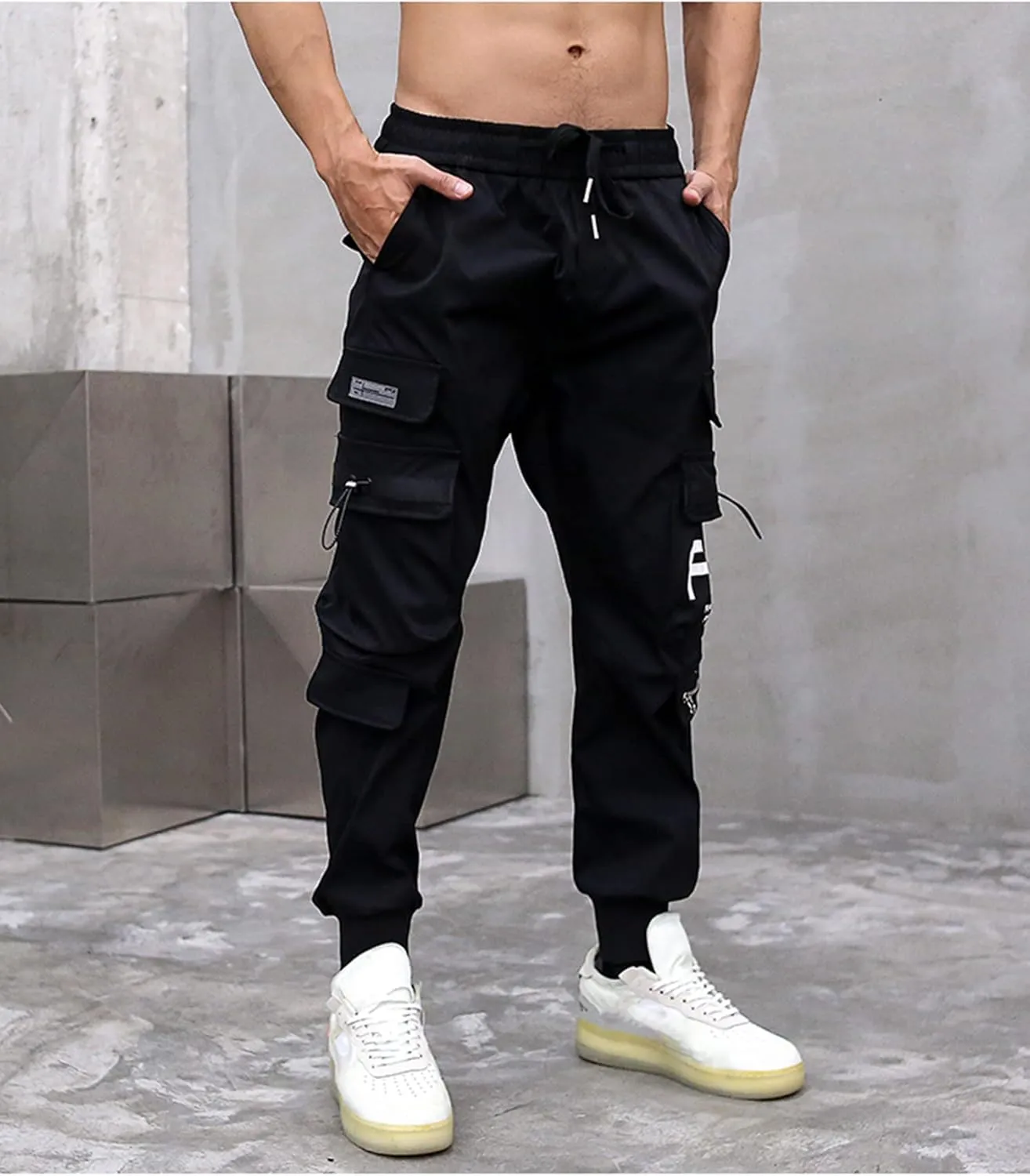 MOKEWEN Men's Cargo Pocket Ankle Band Pants with Elastic Waist