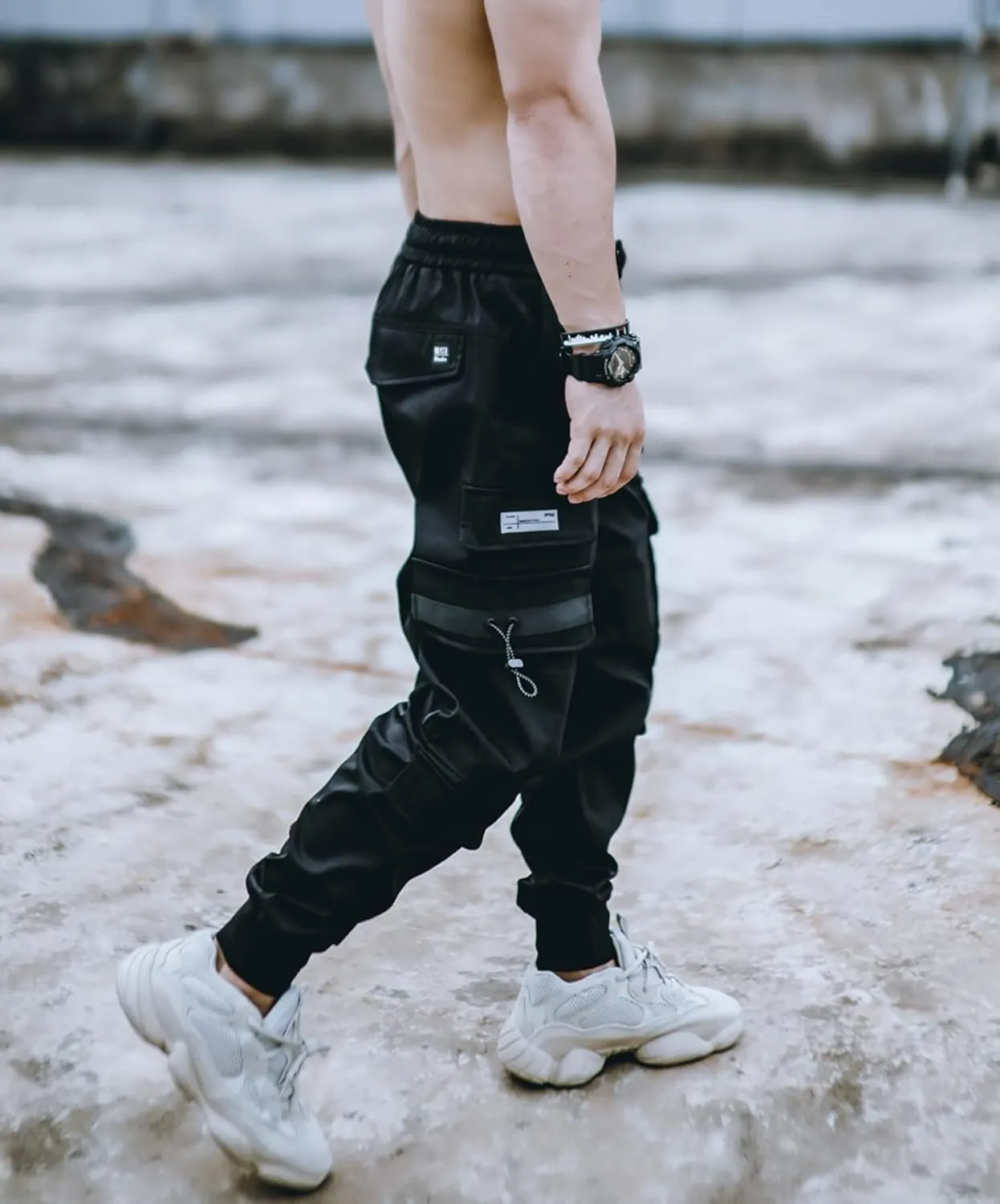 MOKEWEN Men's Cargo Pocket Ankle Band Pants with Elastic Waist
