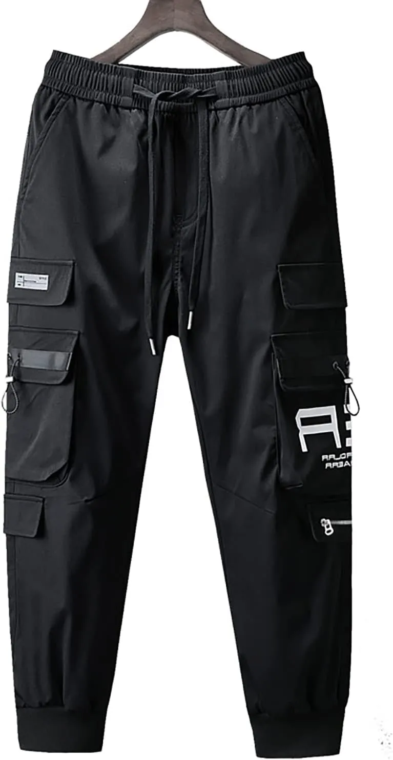 MOKEWEN Men's Cargo Pocket Ankle Band Pants with Elastic Waist
