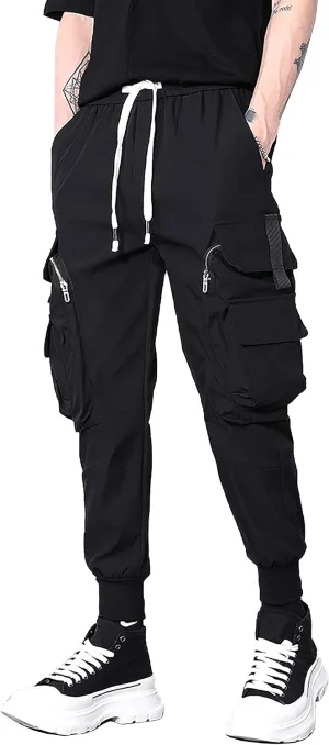 MOKEWEN Men's Casual Streetwear Punk Big Duo Zip Pockets Cargo Jogger Pants Black