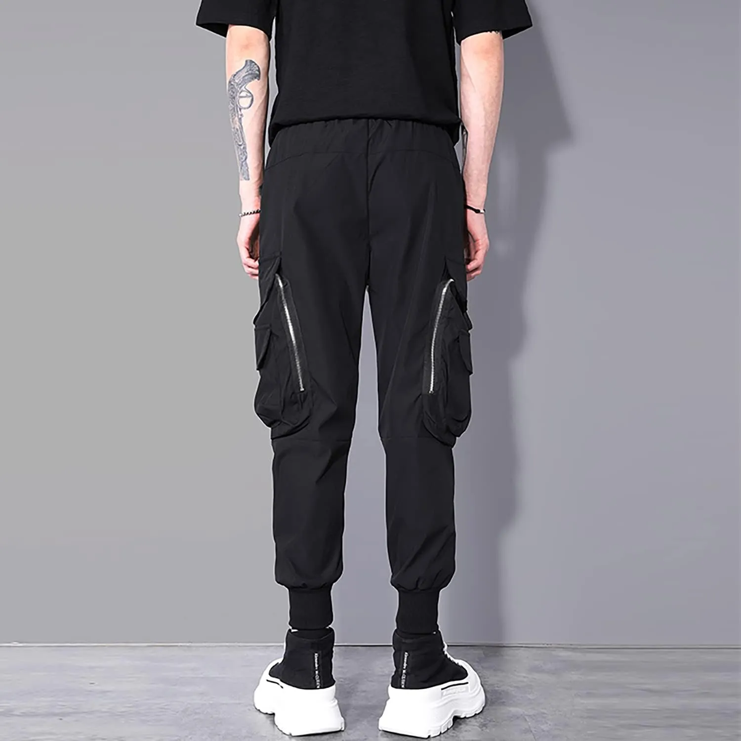 MOKEWEN Men's Casual Streetwear Punk Big Duo Zip Pockets Cargo Jogger Pants Black