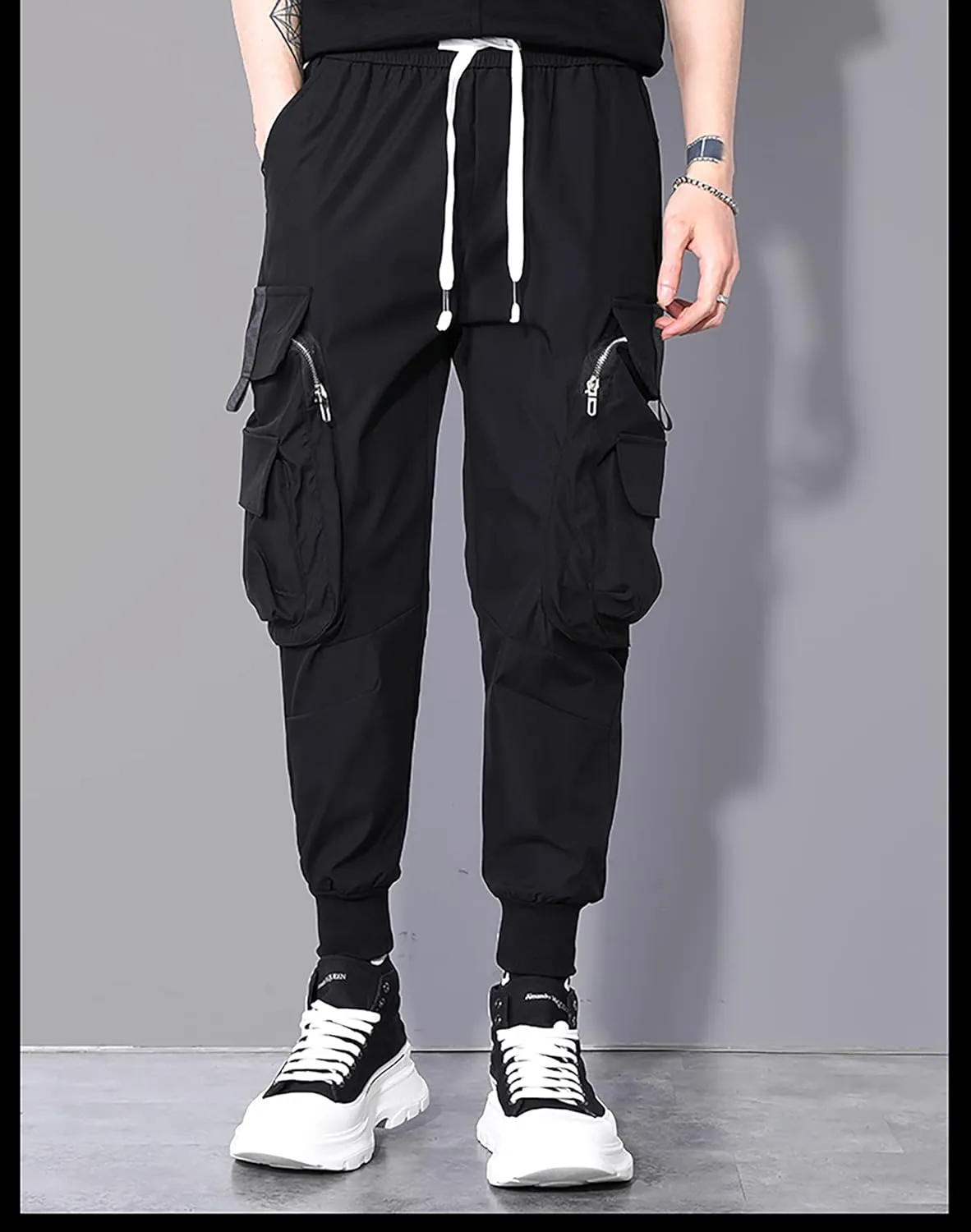 MOKEWEN Men's Casual Streetwear Punk Big Duo Zip Pockets Cargo Jogger Pants Black