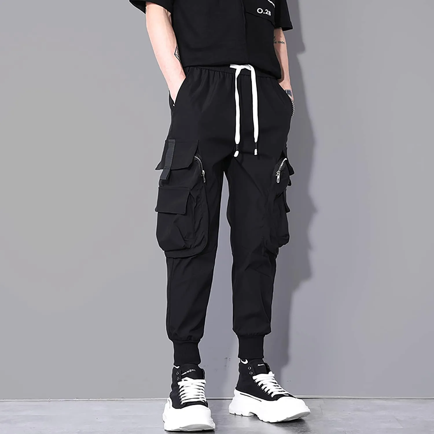 MOKEWEN Men's Casual Streetwear Punk Big Duo Zip Pockets Cargo Jogger Pants Black