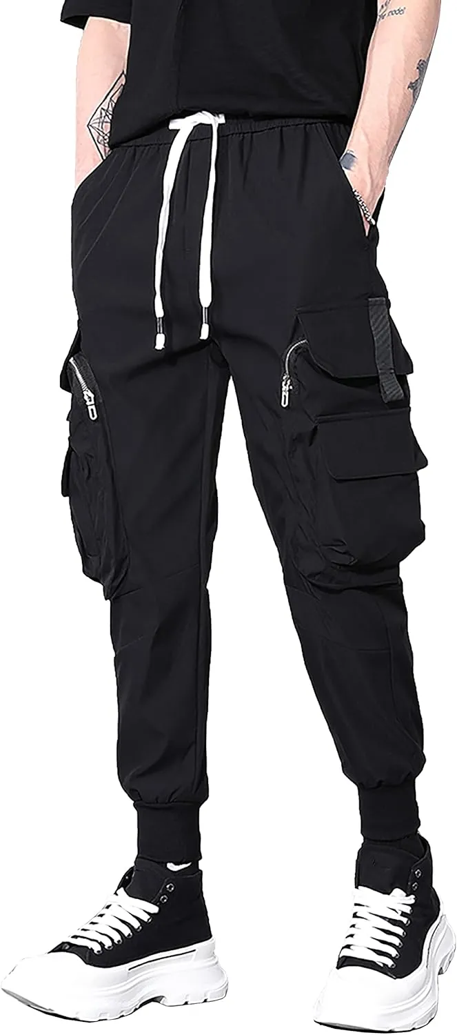 MOKEWEN Men's Casual Streetwear Punk Big Duo Zip Pockets Cargo Jogger Pants Black