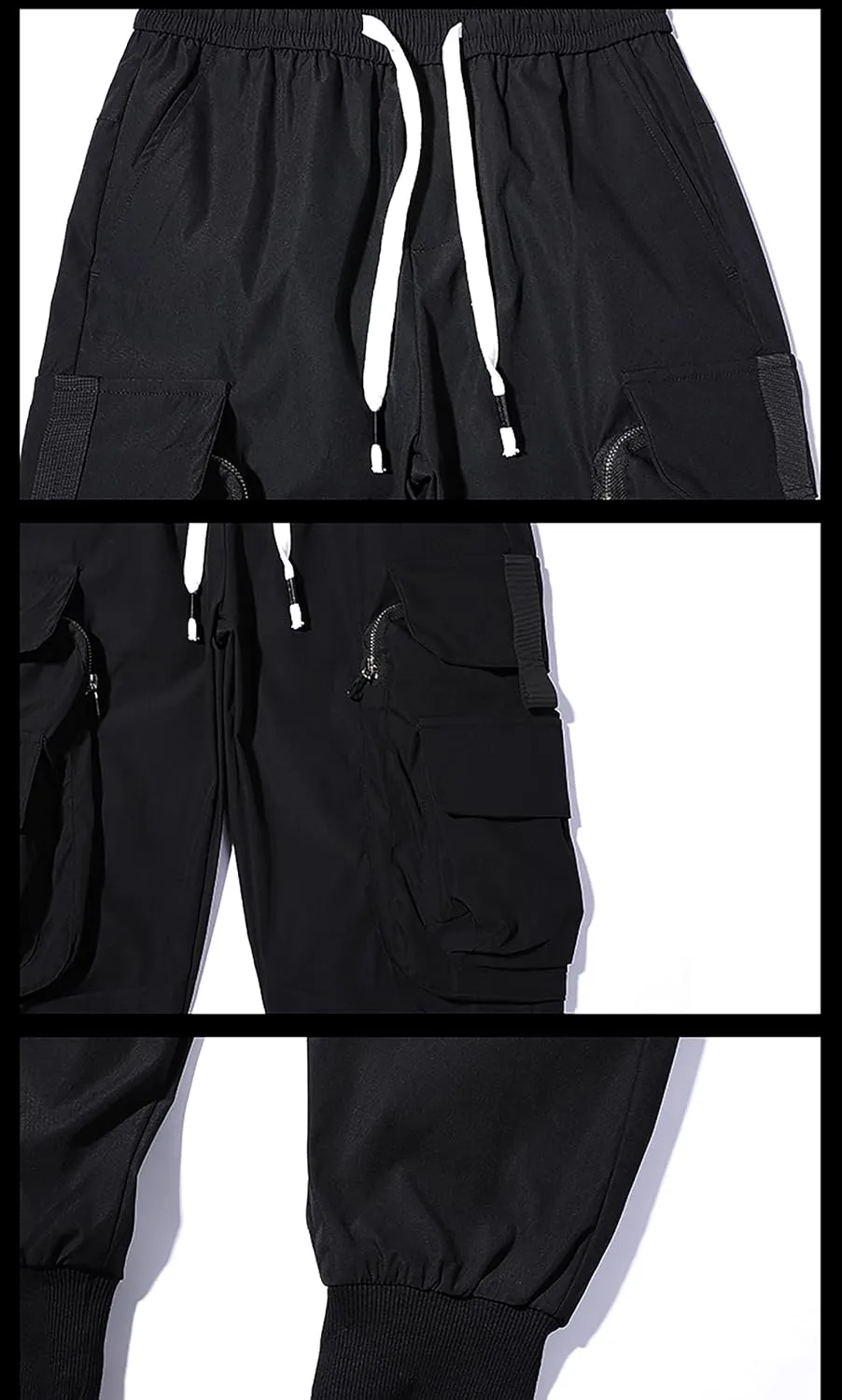 MOKEWEN Men's Casual Streetwear Punk Big Duo Zip Pockets Cargo Jogger Pants Black