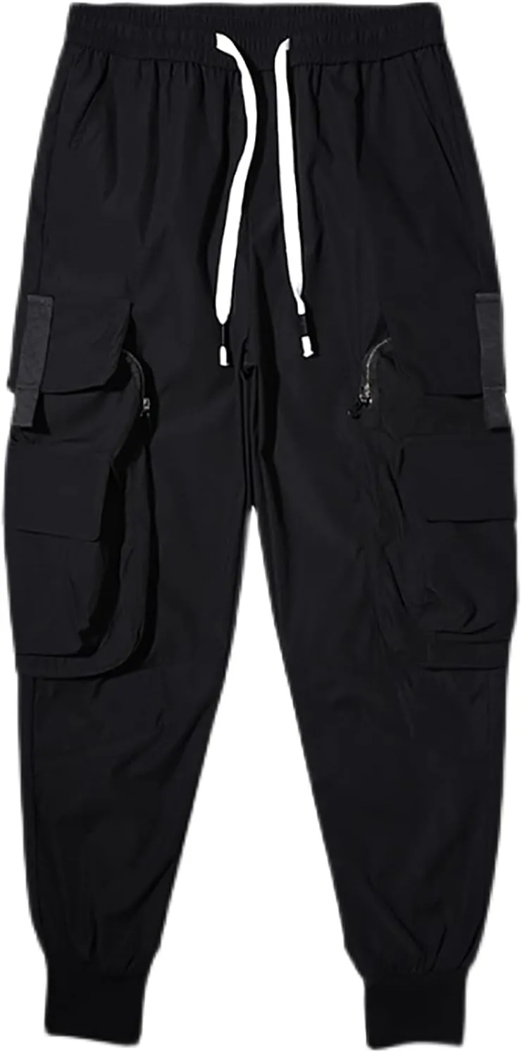 MOKEWEN Men's Casual Streetwear Punk Big Duo Zip Pockets Cargo Jogger Pants Black