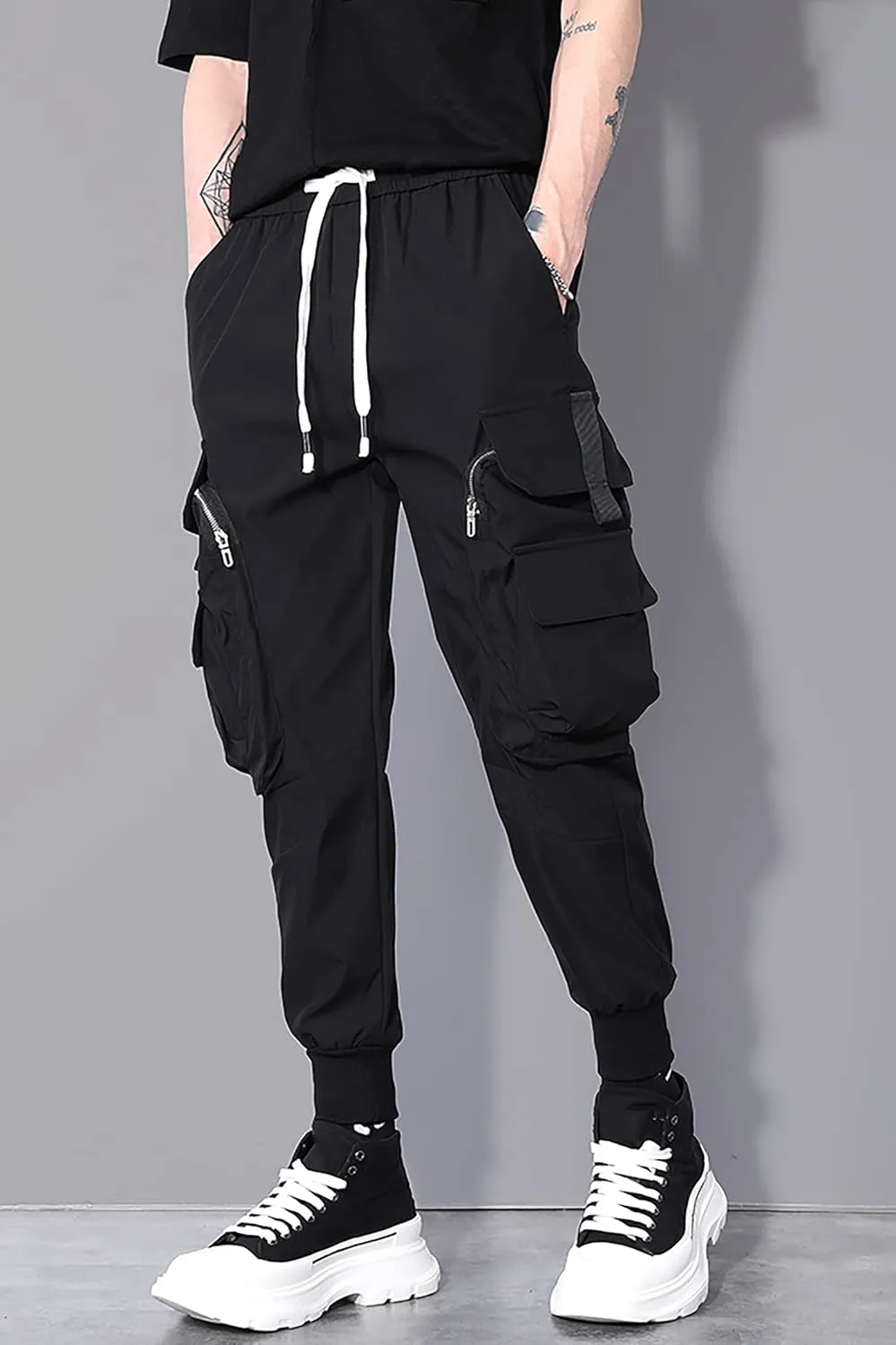 MOKEWEN Men's Casual Streetwear Punk Big Duo Zip Pockets Cargo Jogger Pants Black