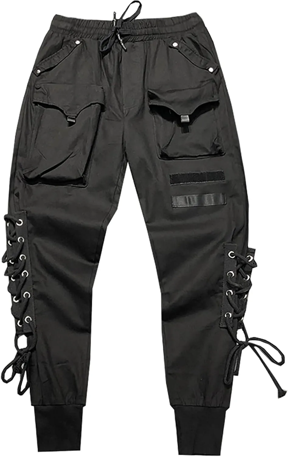 MOKEWEN Men's Casual Streetwear Punk Leg Side Lace Up Cargo Jogger Pants Black
