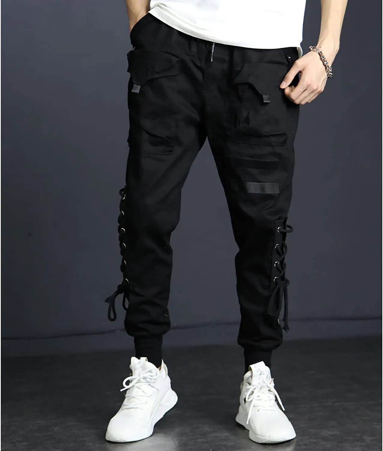 MOKEWEN Men's Casual Streetwear Punk Leg Side Lace Up Cargo Jogger Pants Black