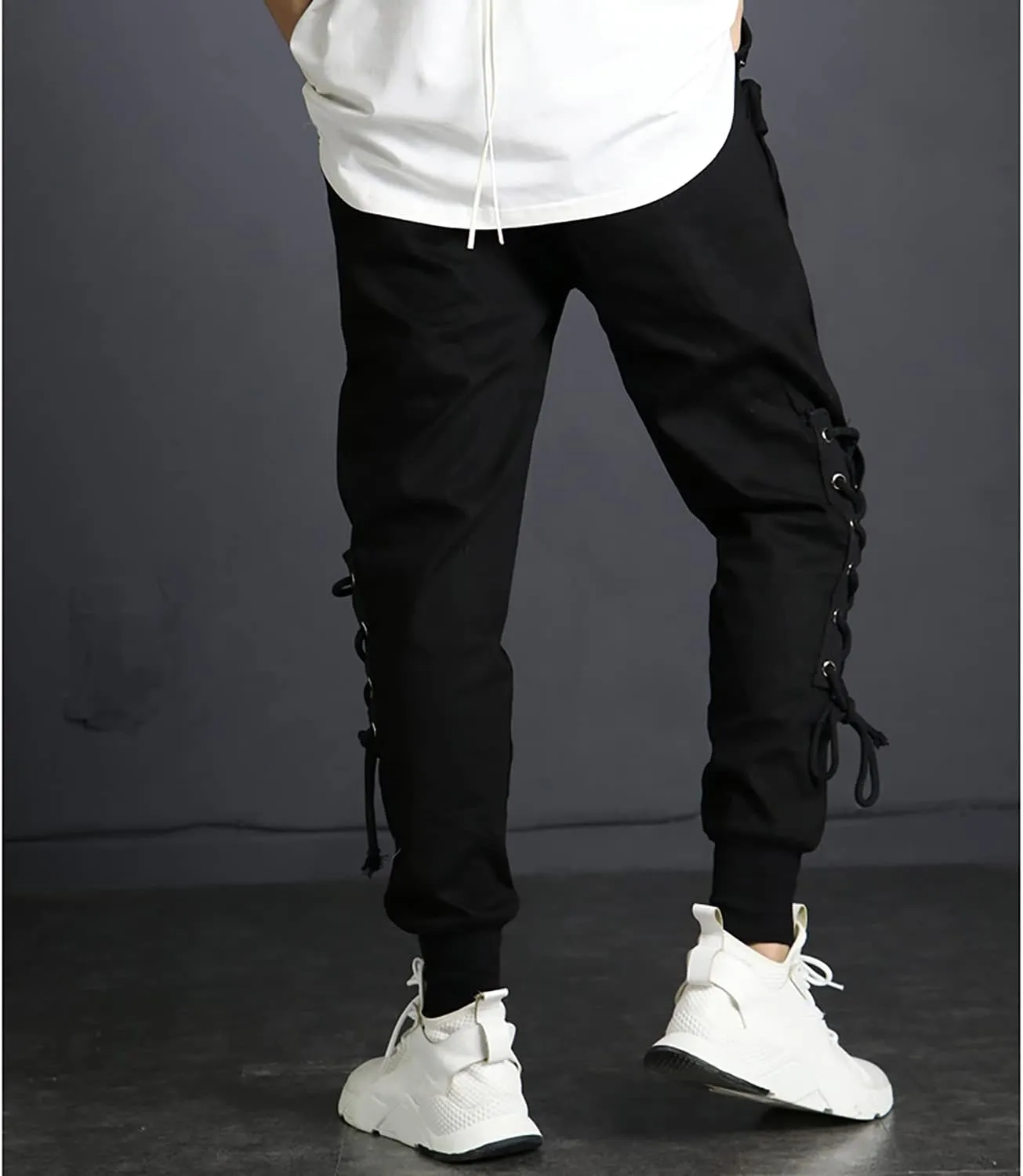 MOKEWEN Men's Casual Streetwear Punk Leg Side Lace Up Cargo Jogger Pants Black