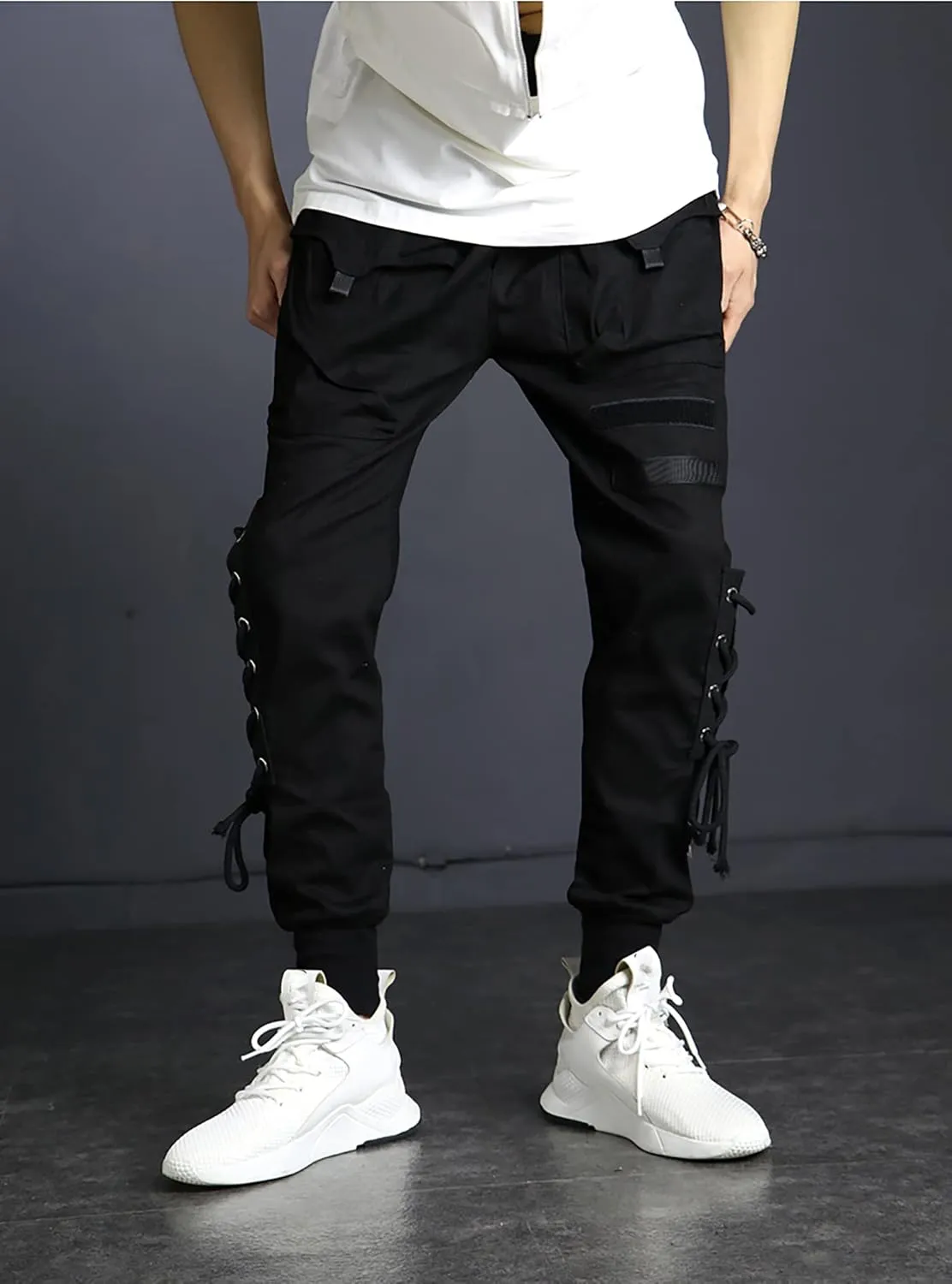 MOKEWEN Men's Casual Streetwear Punk Leg Side Lace Up Cargo Jogger Pants Black