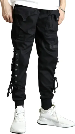 MOKEWEN Men's Casual Streetwear Punk Leg Side Lace Up Cargo Jogger Pants Black