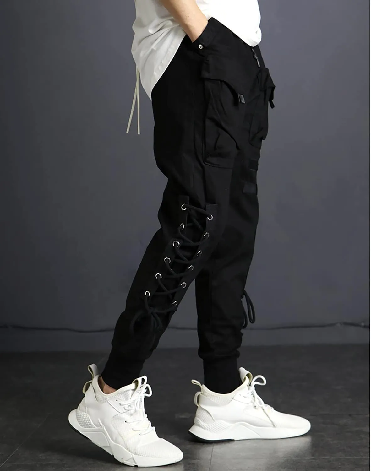 MOKEWEN Men's Casual Streetwear Punk Leg Side Lace Up Cargo Jogger Pants Black