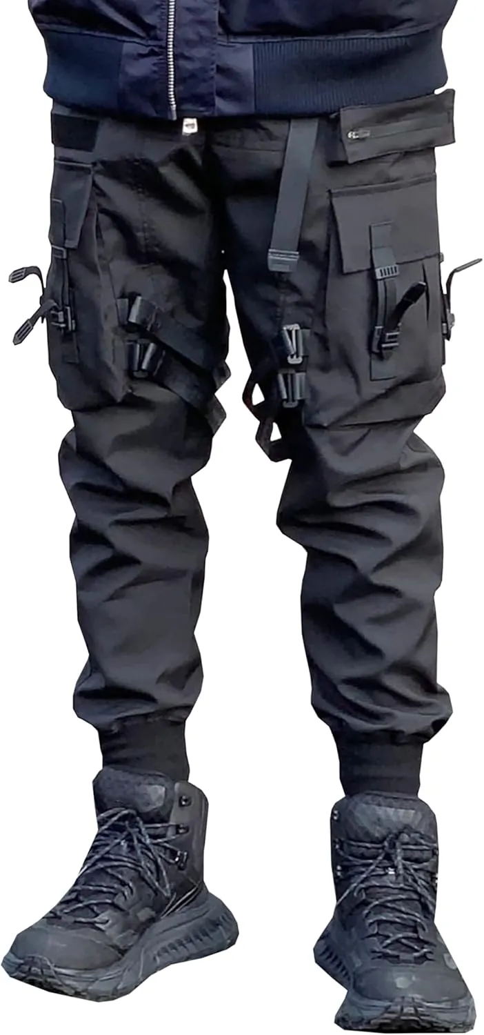 MOKEWEN Men's Casual Techwear Straps Elastic Waist Harem Pants