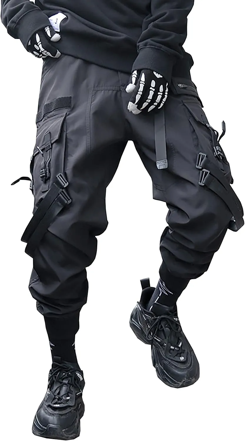 MOKEWEN Men's Casual Techwear Straps Elastic Waist Harem Pants