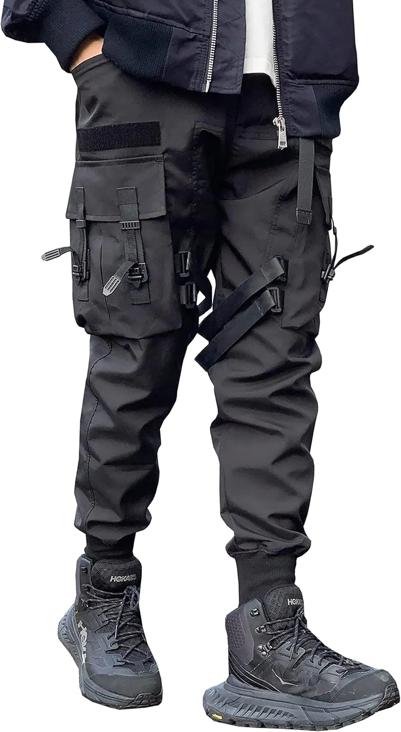 MOKEWEN Men's Casual Techwear Straps Elastic Waist Harem Pants