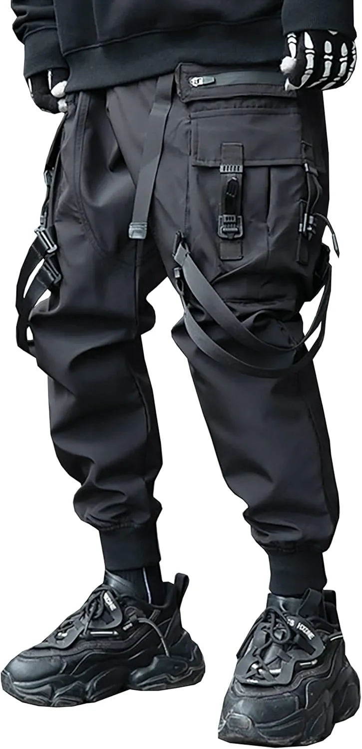 MOKEWEN Men's Casual Techwear Straps Elastic Waist Harem Pants