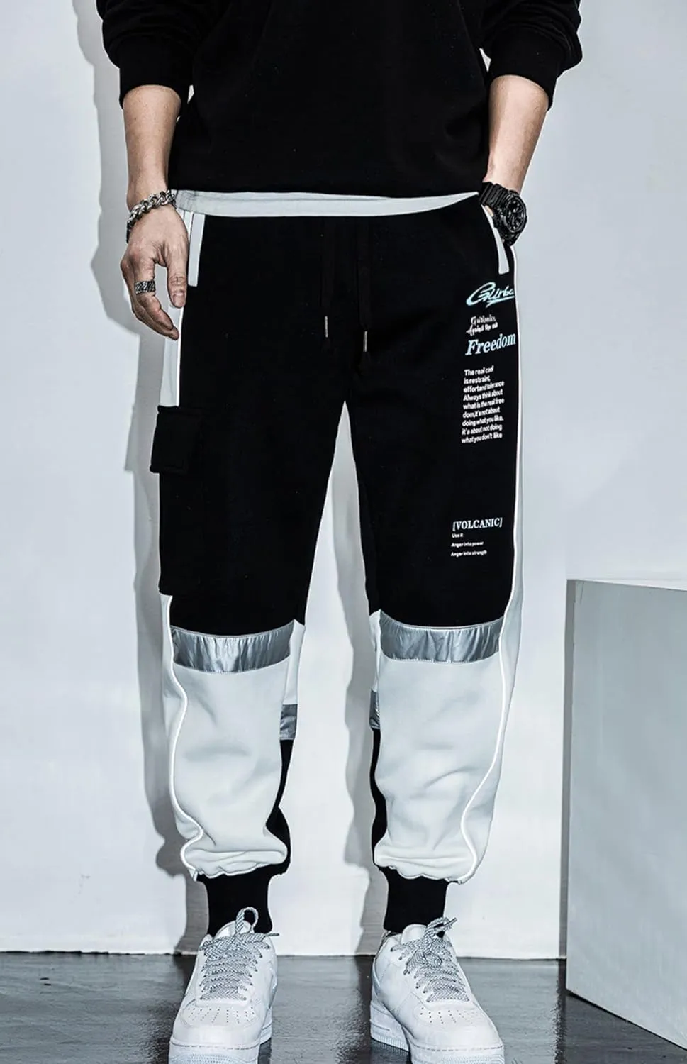 MOKEWEN Men's Contrast Color Patchwork Jogger Harem Cargo Ninth Pants with Big Multi Pockets Drawstring Waist