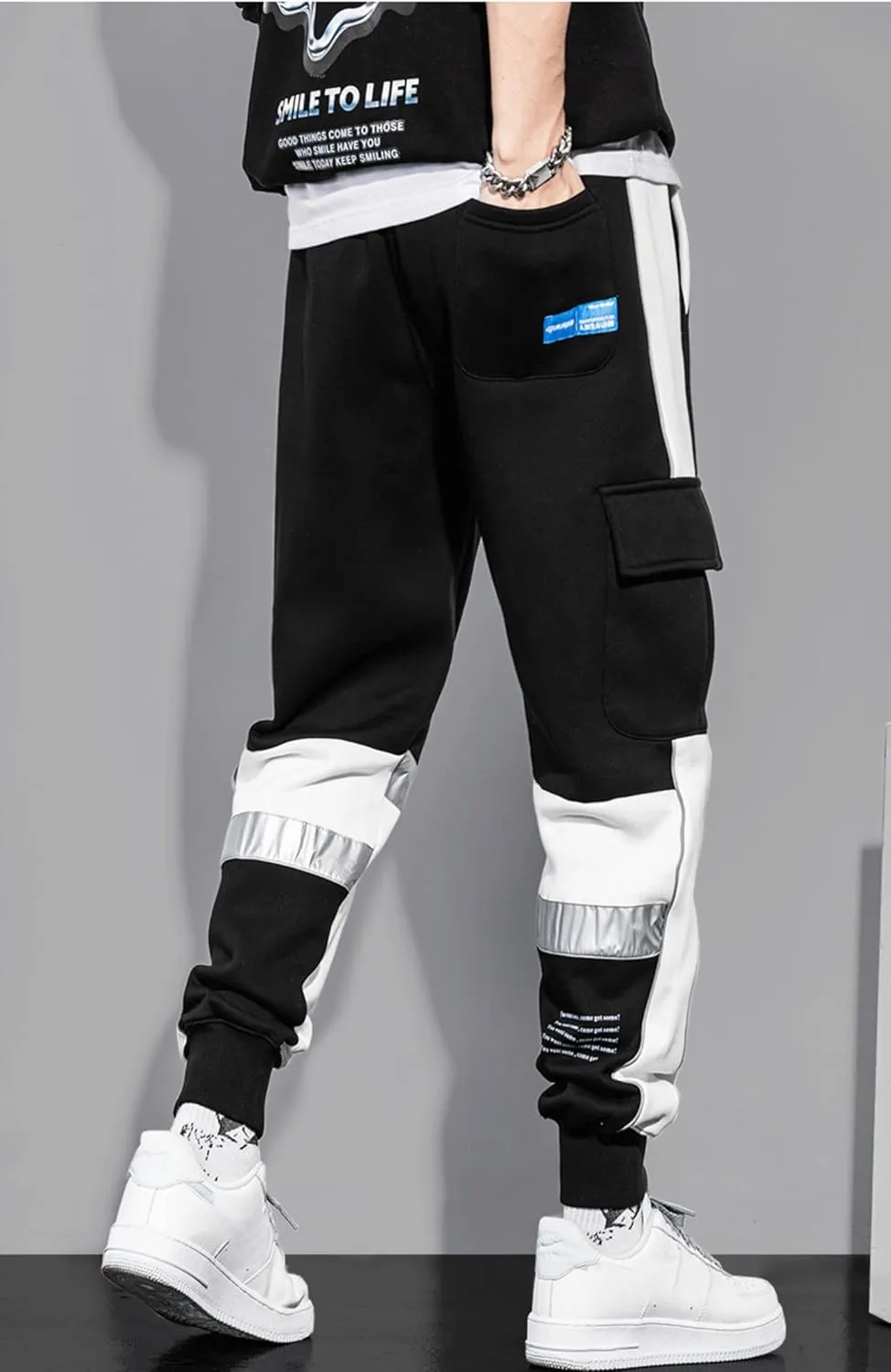 MOKEWEN Men's Contrast Color Patchwork Jogger Harem Cargo Ninth Pants with Big Multi Pockets Drawstring Waist