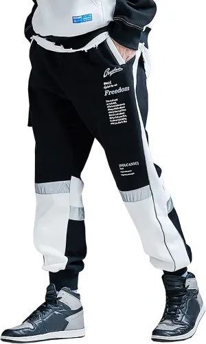 MOKEWEN Men's Contrast Color Patchwork Jogger Harem Cargo Ninth Pants with Big Multi Pockets Drawstring Waist