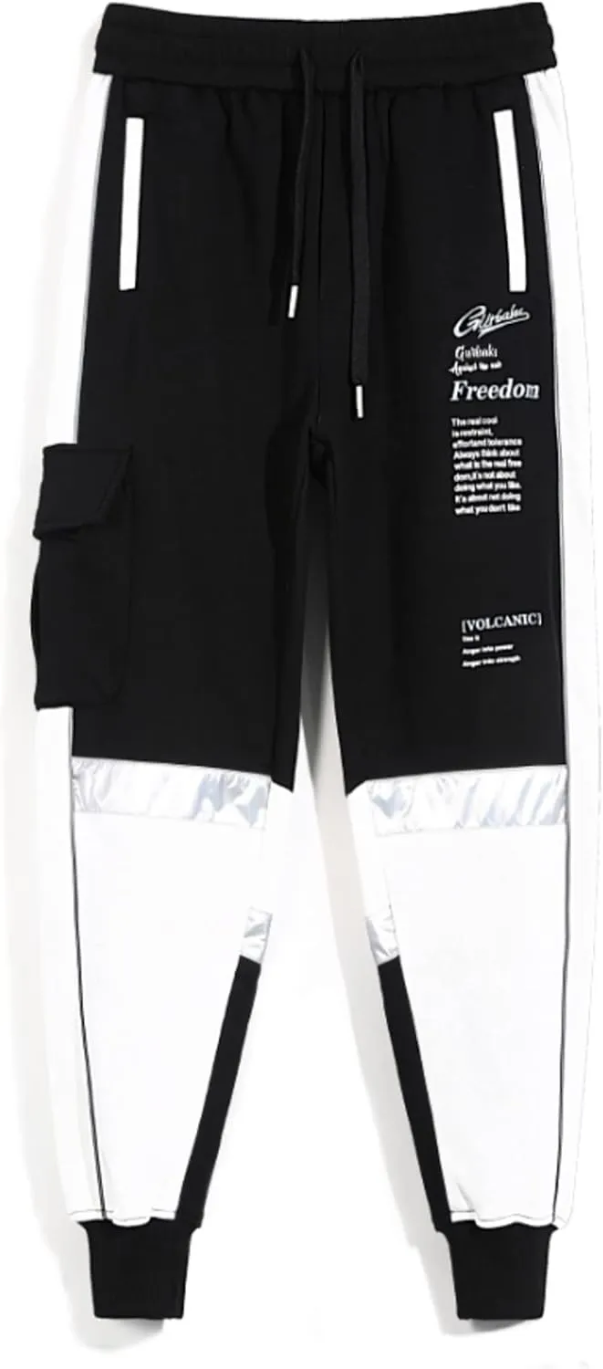 MOKEWEN Men's Contrast Color Patchwork Jogger Harem Cargo Ninth Pants with Big Multi Pockets Drawstring Waist