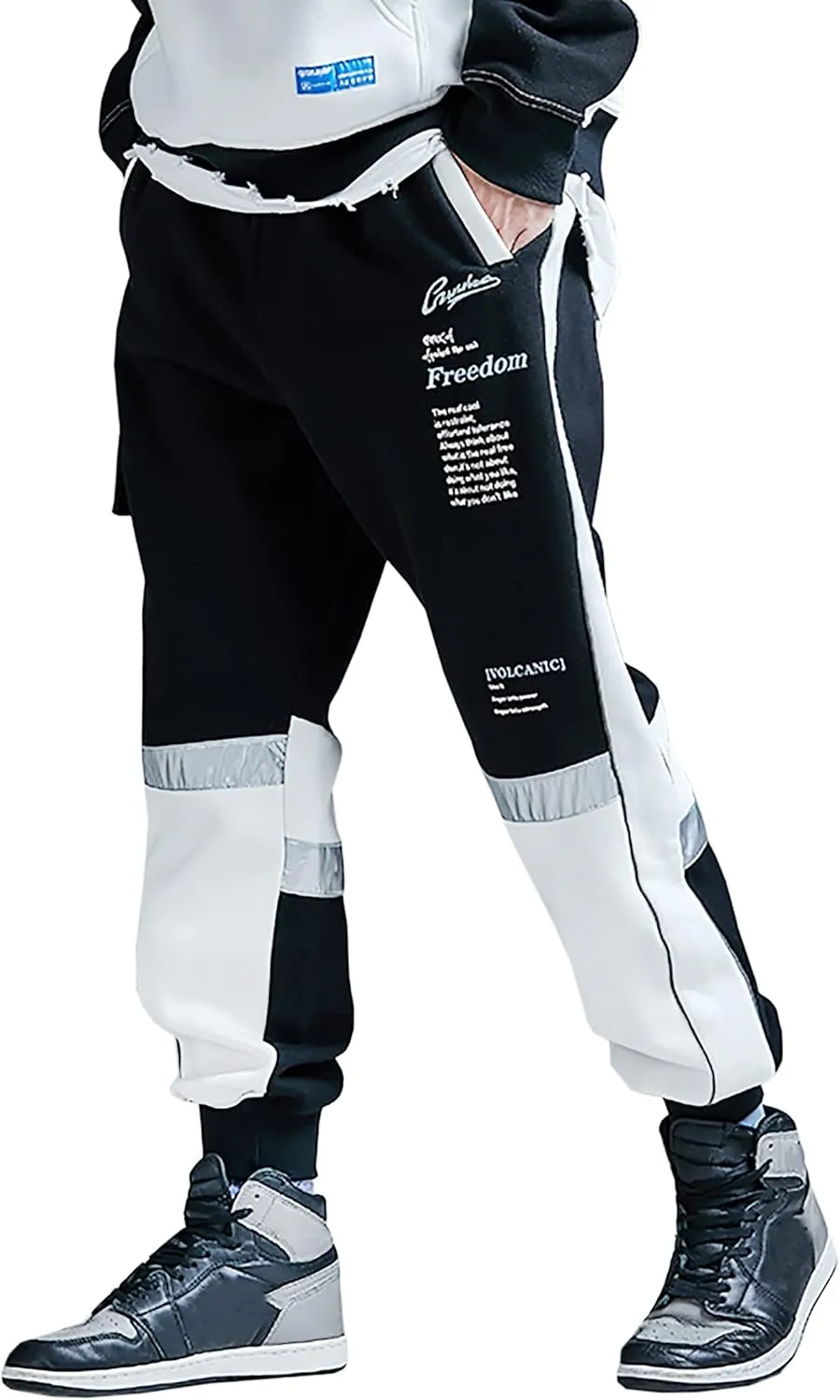 MOKEWEN Men's Contrast Color Patchwork Jogger Harem Cargo Ninth Pants with Big Multi Pockets Drawstring Waist