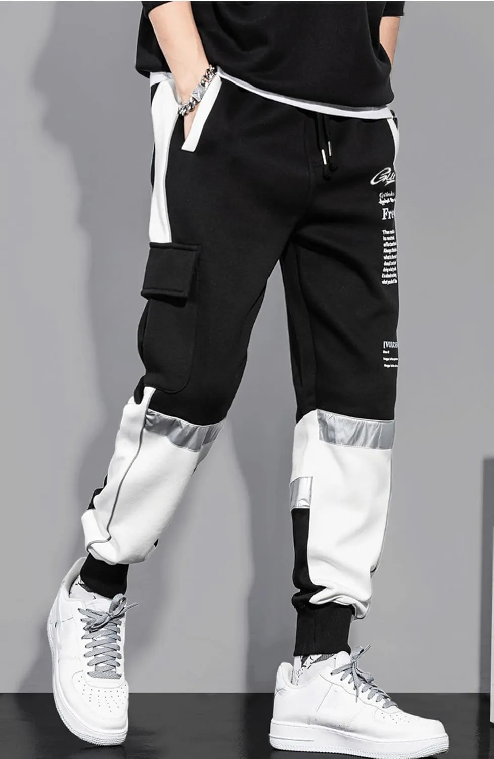 MOKEWEN Men's Contrast Color Patchwork Jogger Harem Cargo Ninth Pants with Big Multi Pockets Drawstring Waist
